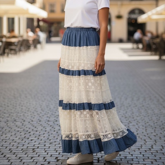 New Direction Womens XL Denim and Lace Lined Boho Peasant Maxi Skirt - Picture 1 of 8